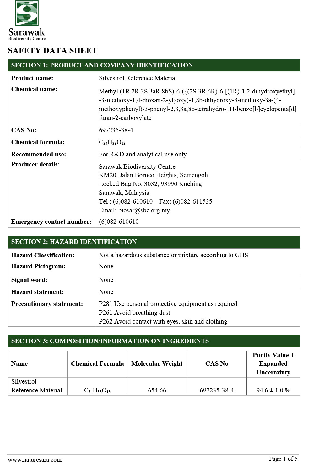 Safety Data Sheet Silvestrol Reference Material
